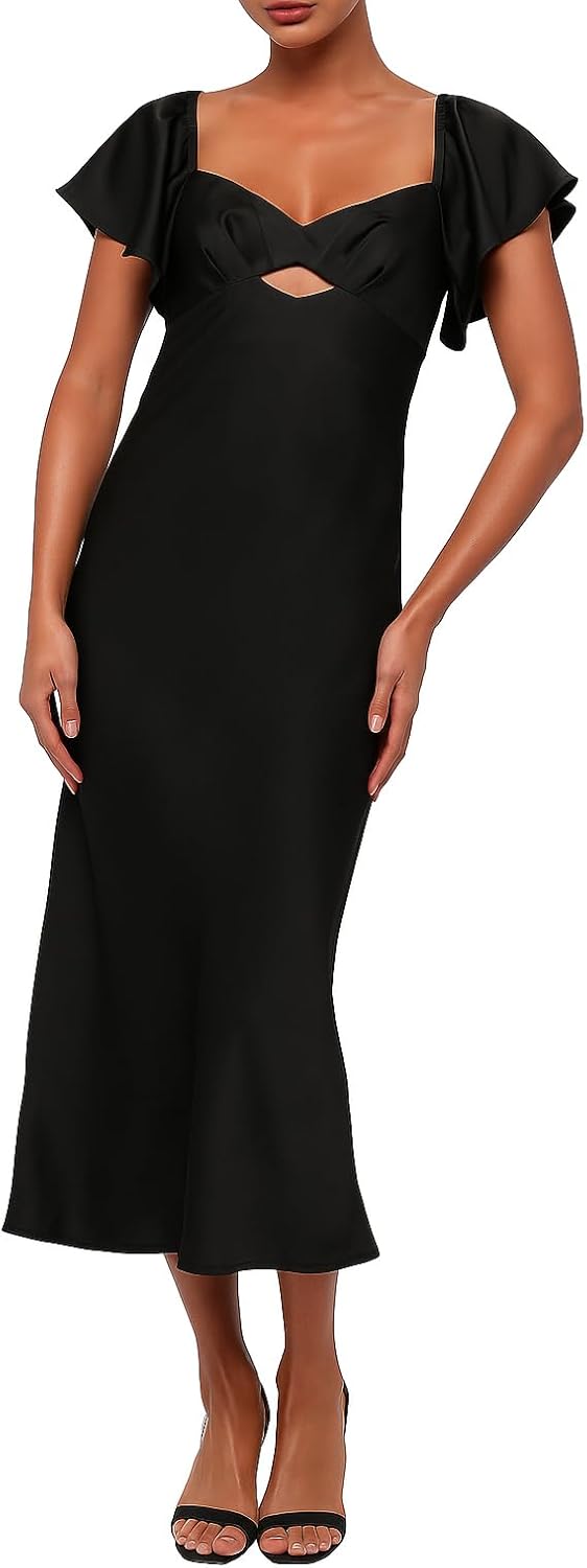 Lulus Blake Satin Tie Back Midi Dress for Women, Elegant Satin Midi Dress with Sweetheart Neckline & Flutter Sleeves