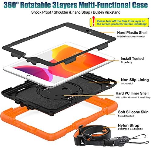 SEYMAC stock iPad 9th / 8th/ 7th Generation Case 10.2 with Screen Protector Pencil Holder [360 Rotating Hand Strap] & Stand, Drop-Proof Case for iPad 10.2 inch 2021/2020/2019 (Orange)