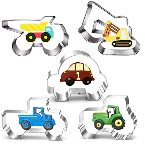 LUBTOSMN Construction Vehicles Cookie Cutters Set-5 Piece-Truck, Dump, Tractor, Car and Digger-Biscui Cookie Cutters Molds for Kids Party  