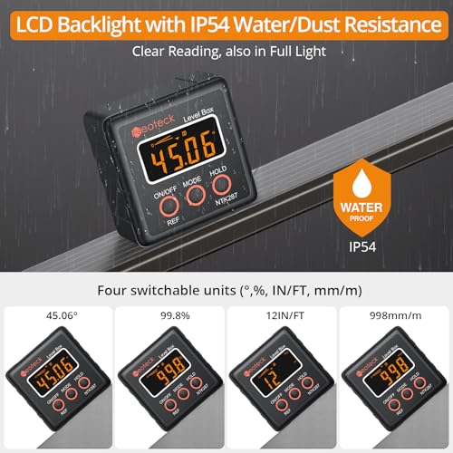 Image of Neoteck Digital Angle Finder Digital Angle Gauge with LCD Backlight Protractor IP54 Waterproof Inclinometer Level Box for Bevel Angle of Miter Saw Automobile Test and Repair and Woodworking - Black