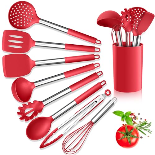 Herogo Ensemble d'ustensiles de cuisine, lot de 9 ustensiles de cuisine en silicone avec manche en...
