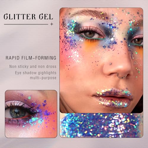 Body Glitter Gel,Holographic Face Glitter for Woman White Shimmer Chameleon Mermaid Chunky Sequins Color Changing Glitter Gel Sparkling Festival Party Accessories Hair Eyes Lips Makeup-Gold - Image 3