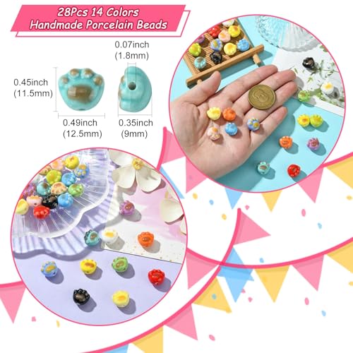 Ipotkitt 28 Pcs 14 Colours Handmade Porcelain Cat Paw Print Beads Cute Kitten Claw Spacer Beads Ceramic Footprint Step Loose Beads for DIY Jewellery Making - Image 2