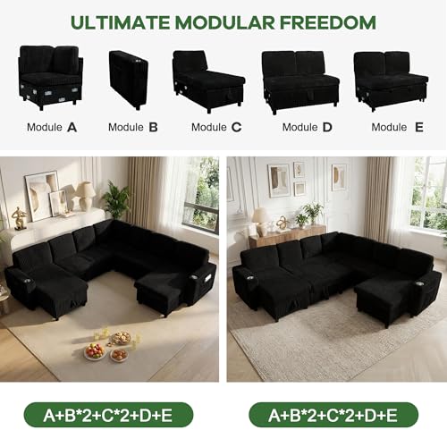 Image of Sleeper Sectional Couch, Sleeper Sofa Bed with Pull Out Bed, Oversized Corduroy Couch for Living Room, Bedroom and Apartment, Modular Corner Sofa with Storage, Black