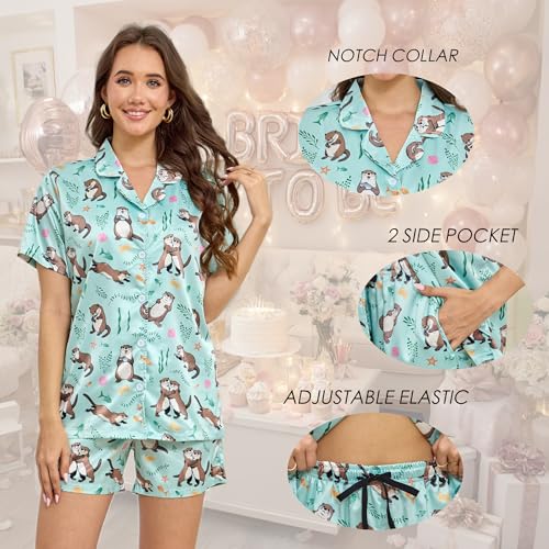 Image of Funny Satin Pajamas Set for Women Button Down Sleepwear Print Pjs Set 2 Piece Short Sleeve Loungewear Gift for Women