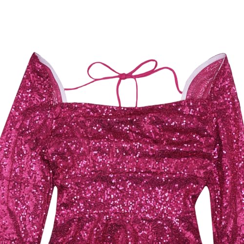 Image of Women Sparkle Sequins Mini Dress Sexy Tie Back Bodycon Dress Long Sleeve Shiny Evening Dresses Night Out Party Outfits