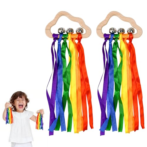 FuxFuis 2 Stück Handglocken Rasseln, Niedlich Glocken Holzrassel Holz Regenbogen Holz Rassel Geschenk Holzrassel mit Glöckchen Wolkenförmig Glöckchen Hand für Partyaktivitäten, Geburtstagsgeschenk