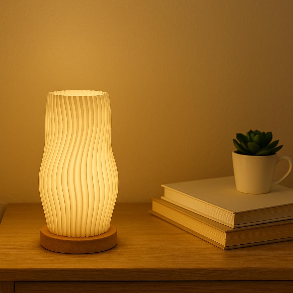 Mini Table Lamp USB Powered, 21.5cm Small Bedside Lamp with Warm Light, Spiral Pleated Shade, Wooden Base - Image 2
