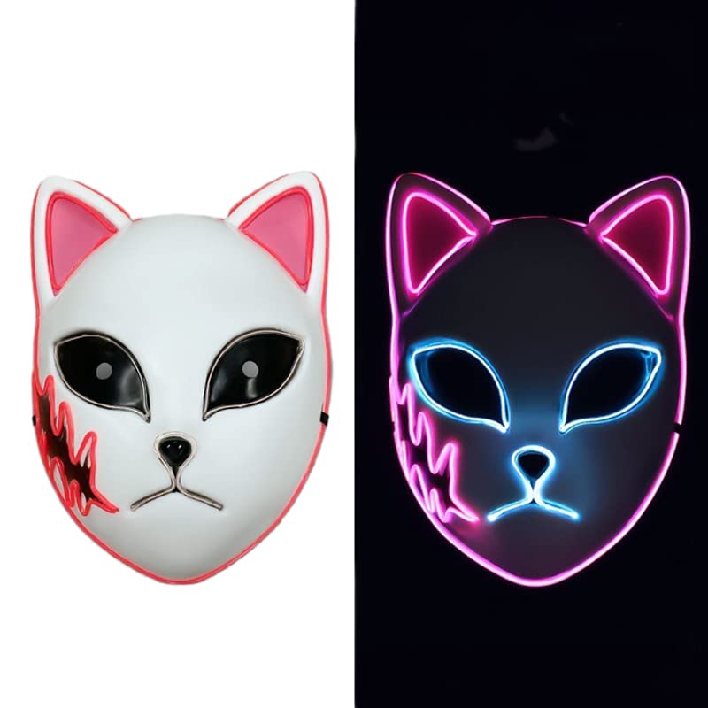 HANDA Halloween Demon Killer LED Cosplay Mask - Japanese Anime Fox With 3 Light Modes for Festival, Costume Props, Masquerade Parties, Carnival (Pink)