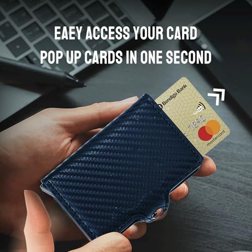Leather Wallets for Men with Slim Pop Up Card Holder for 14-16 Cards，RFID Blocking Bifold Minimalist Smart Wallet，Credit Card Holder with Cash Slot gifts for men (Carbon Blue)3