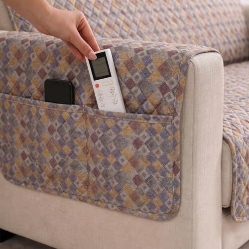 Image of STITCHNEST 'CloudFeel Series' Quilted Printed Velvet Sofa Cover for 2 Seater | Premium Soft Velvet Sofa Protector | Multicolor Diamond Geometric Design with Armrest Pockets | Furniture Cover