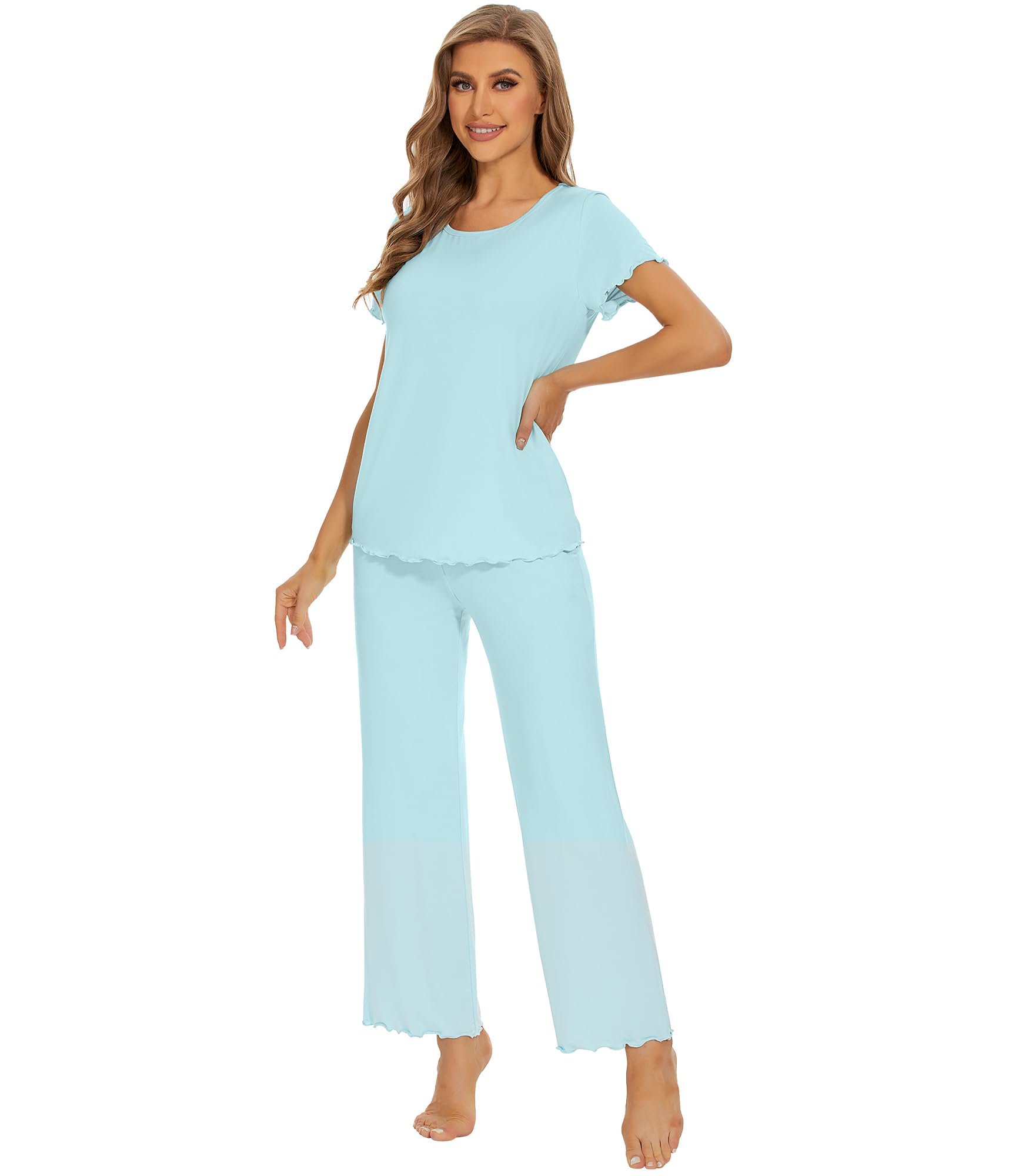 WiWi Bamboo Viscose Pajamas Women Short Sleeve Long Pants