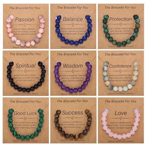 YVVLEE 9 Pcs Crystal Stone Bracelets for Women Men Semi-Precious Gemstone Beaded Bracelets 8mm Natural Stone Beads Bracelet Protection Anxiety Spiritual Stretch Bracelets Set Jewelry