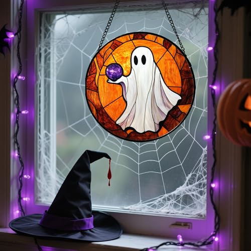 Image of Stained Glass Window Hanging - Halloween Decorations Ghosts Vampire Suncatcher for Doors Garden Indoor Funny Spooky Sun Catchers Gothic Decor Horror Gifts for Women Men Friend 7.8 in