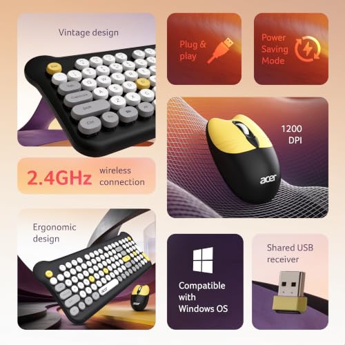 Image of Acer Cuteo Wireless Keyboard and Mouse Combo | 2.4GHz Wireless USB Receiver | Retro Round Keycaps | 1200 DPI Optical Mouse | Plug & Play Compact Design for PC, Laptop, Office & Home Use | Black