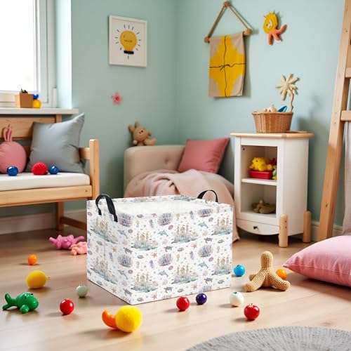 Image of Rectangular Kids Storage Basket Boys for Home Kitchen Girls Cute Storage Bin Organizer Shelf Book Room Decor(Sea Castle)