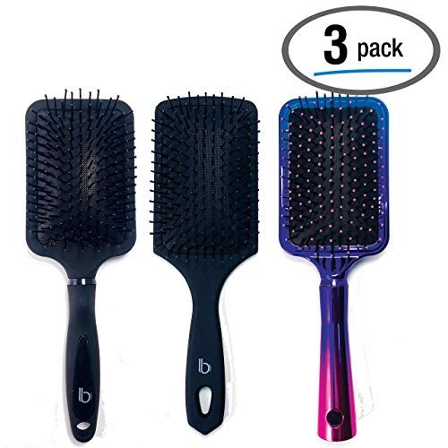 3 Pack Paddle Hair Brush Set by Better Beauty Products, Professional Salon Brushes, Black with Ergonomic Handle, Black with Flat Handle, and Ombre Tricolor Chrome Finish Brush-Value Set of 3