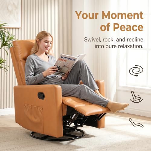 Image of 360 Swivel Rocking Recliner Chair, Manual Lazy Boy Reclining Couch with Adjustable Backrest & Footrest, Oversized Recliner Sofa for Nursery, Living Room, Bedroom, Home Theater Seating, Brown