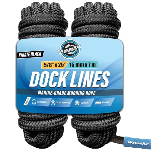 Image of Premium Nylon Boat Dock Lines & Ropes for Docking 5 /8'' x 25' | Double Braided Marine Rope & Mooring Line| Boat Ropes for Docking with Loop | UV & Saltwater Resistant Dock Ropes for Boats & Pontoons