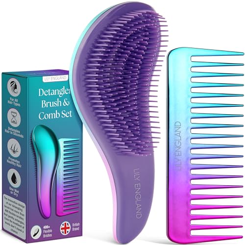 Image of Lily England Detangler Brush & Comb Set - Lightweight Wide Tooth Detangling Tool for Women & Kids - Smooths Curly, Straight, Dry, Fine, & Thick Hair, Purple
