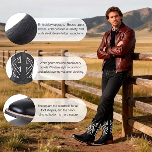 Image of Cowboy Boots for Men Western Square Toe Embroidered Slip Resistant Durable Ankle Boots for Spring Fall