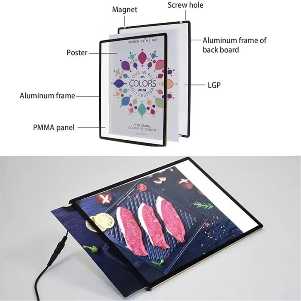 Caja de luz LED con marco de póster – Marco de publicidad interior ultrafino de vidrio templado, tablero de menú retroiluminado para restaurantes, tiendas, cafeterías – Cartel iluminado-A1