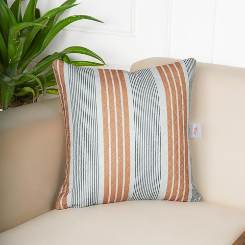 Image of STITCHNEST 'QuadraNest' Series Printed Quilted Velvet Cushion Cover 16x16 Inch Set of 5 | Premium Soft Fabric, Washable & Fade Resistant | Decorative Living Room Cushion Covers| Mustard & Grey Stripe