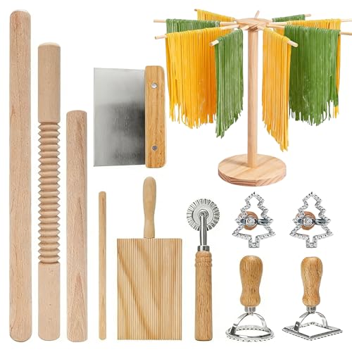 12 unidades de máquina manual de pasta para hacer pasta, juego de herramientas con estante para secar pasta, rodillo de pasta, tabla de gnocchi, sello de ravioli, cortador de masa, juego de