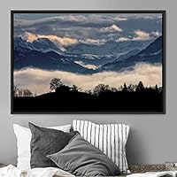 Framed Canvas Wall Art Foggy Mountains Aerial Cool Multicolor Nature Photography Realism Relax/Calm Rustic Wilderness - 16x24 inches