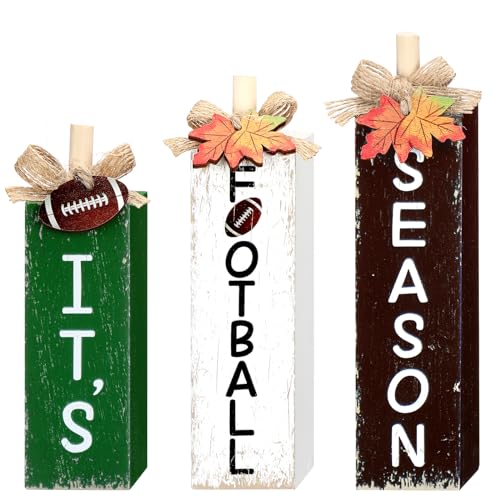 Redbaker 3 Pcs Football Fall Table Decorations Football Season Tabletop Centerpieces Rustic Farmhouse Pumpkins Footballs Wooden Sign for Home Tiered Tray Office Mantel Shelf Fireplace Sport Party