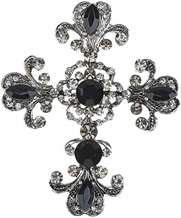 Alilang Gothic Holy Beaded Flowery Gunmetal Tone Crystal Flourish Church Religious Cross Pin Brooch