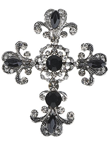 Alilang Gothic Holy Beaded Flowery Gunmetal Tone Crystal Flourish Church Religious Cross Pin Brooch #TOP6