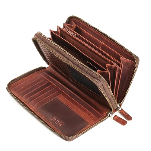 Geldbörse Damen Gross aus Hochwertigem Leder - Portemonnaie Damen Gross viel Platz - Geldbeutel Groß - Portmonee Leder mit RFID Schutz – Stilvolle Brieftasche für Frauen Geschenk -Braun 1