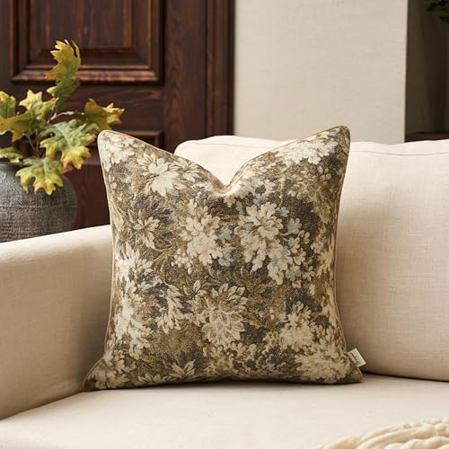 Yangest Neutral Floral Pillow Cover 18 x18 Inches, Vintage Chenille Square Throw Pillow Cover Soft Decorative Farmhouse Accent Couch Pillow Cover for Living Room Bedroom, Beige