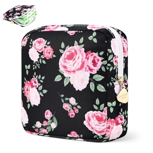 Image of Sanitary Pad Storage Bag Portable Period Bag for Teen Pads /Sanitary Napkins /Small Tampons, Sanitary Napkin Storage Bag First Period Gifts for Teen Girls (Black Rose Bouquet)