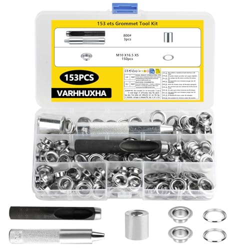 153 Set Grommet Tool Kit Professional Eyelet Punch Kit 10mm Grommets Eyelets Punch Kit Washers Setting Metal Eyelets for Tarpaulins Leather Fabric Curtain Awning Eyelet Inclu Punches Tool