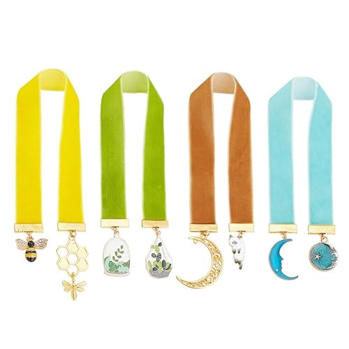 FINGERINSPIRE 4 Colors Velvet Ribbon Bookmark 12~12.7 inch Vintage Metal