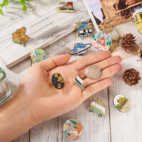 Image of 11Pcs Camping Enamel Pins for Backpacks Adventure Outdoors Lapel Brooch Pins Boat Landscape Mountain Moon Airplane Bus Car Shape Travel Theme Brooch Badges for Bags Hats Jacket Clothes Decor