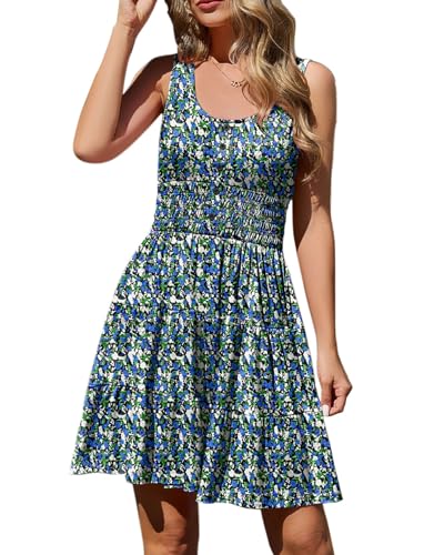 Image of Summer Dresses for Women Casual Sleeveless Sundresses Elastic Waist Mini Sun Dress