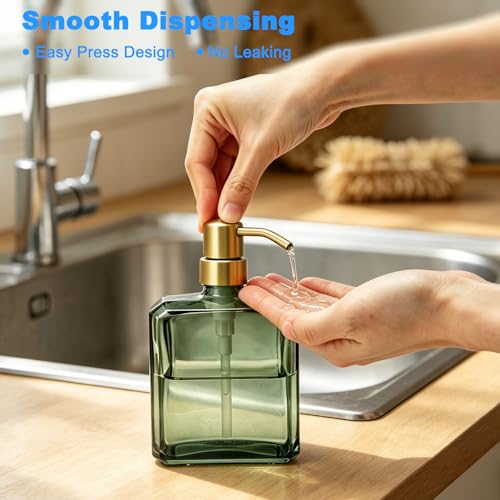 Image of Green Glass Soap Dispenser Square 13.5 oz Hand Soap Dispenser | Rectangular, Rust Proof Stainless Steel Pump, Refillable, For Bathroom Vanity & Kitchen Countertop