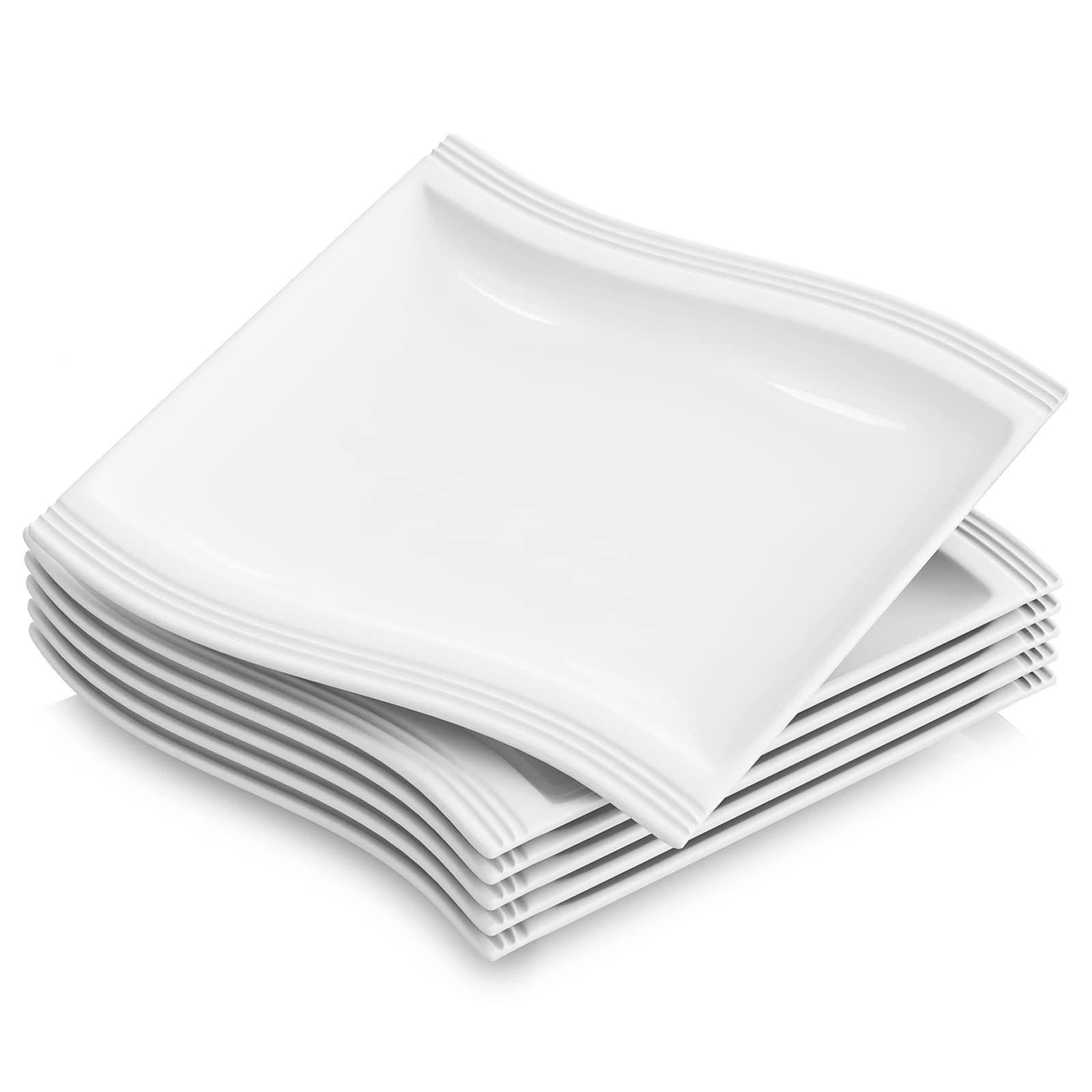 MALACASA Dinner Plates, 10 Inch Ceramic Plates Set, White Square Plate Set of 6, Modern Porcelain Dish Set Kitchen Serving Plates, Microwave, Oven and Dishwasher Safe, Series Flora