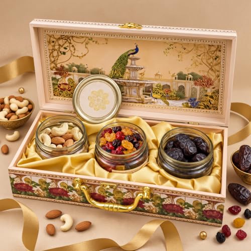 Image of Brijbooti Dry Fruits Gift Pack 510g | Premium Dry Fruits Gift Box | Almonds & Cashew Mix, Khajoor & Mix Berries | Diwali Gift Hamper | Diwali Gifts for Employees | Corporate & Festive Gift | 3 Jar Pack | Premium Peacock Design Suitcase