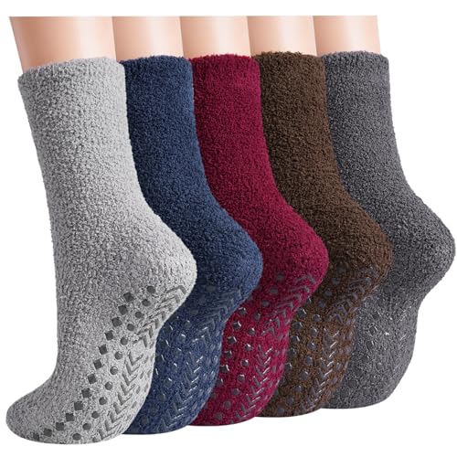 floconssy Fuzzy Socks Men with Grips, Cozy Fluffy Slipper Socks Non Slip Winter Warm Soft for Hospital Sleep Home Non Slip Thick Plush Footies 5 Pairs Red Blue Brown