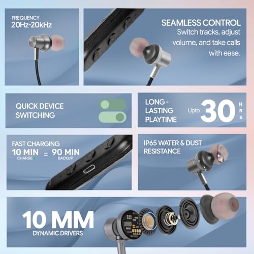 Image of Voods Nova Plus Wireless Neckband Bluetooth Earphones, 30H Playtime, Bluetooth 5.4, 10mm Deep Bass Drivers, Magnetic Earbuds, Dual Device Pairing, Type-C Fast Charging, IPX5 Water Resistant (Gray)