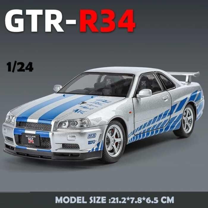 Image of 1:24 Scale Nissaan Skyline GTR-R34 Model Alloy Metal Pull Back Toy car for Kids with Openable Doors & Light, Music Toy Vehicle for Kids (1:24 Nissaan Skyline R-34 (Silver))