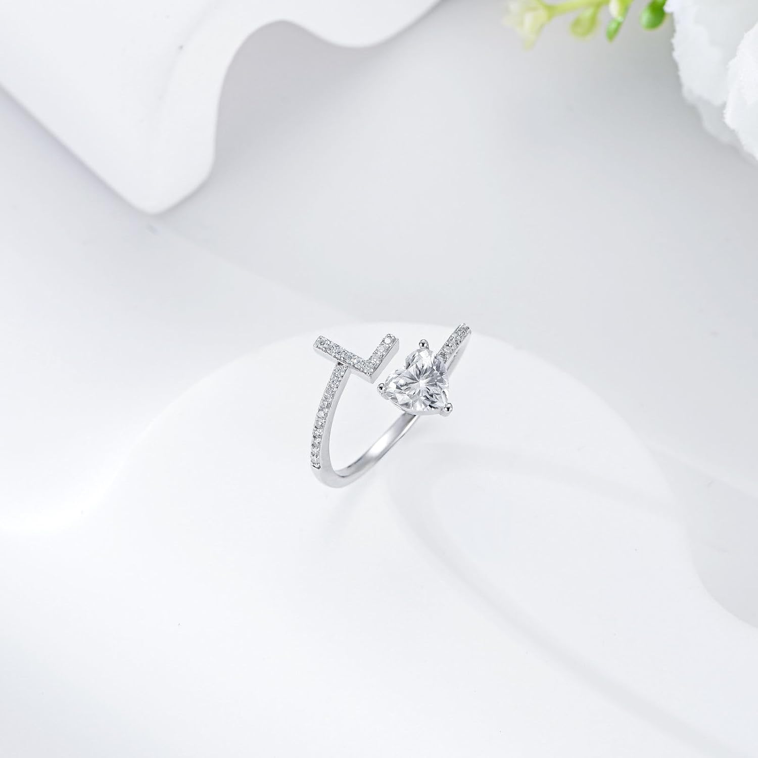 Moissanite Diamond Initial Ring for Women 925 Sterling Silver Letters A-Z Adjustable 26 Alphabet Ring Gift for Valentine's Day Anniversary Mother's Day