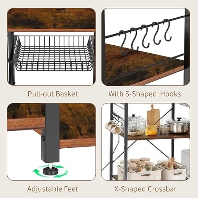 YCY Bakers Rack with Power Outlet, Microwave Stand with Storage, Coffee Bar with 7 S-Shaped Hooks, Paper Towel Holder, Kitchen Shelf with Wire Basket, Metal Bakers Rack for Spices, Pots
