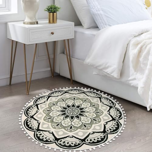 Uphome Round Rug 3Ft Black Mandala Boho Rug With Pom Pom Fringe Non-Slip Washable Circle Bath Mat Soft Cute Blooming Medallion Throw Rug For Entryway Bedroom Powder Living Room Nursery thumb #4