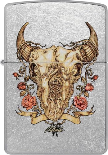 Image of Zippo Rick Rietveld Floral Bull Skull Street Chrome Pocket Lighter