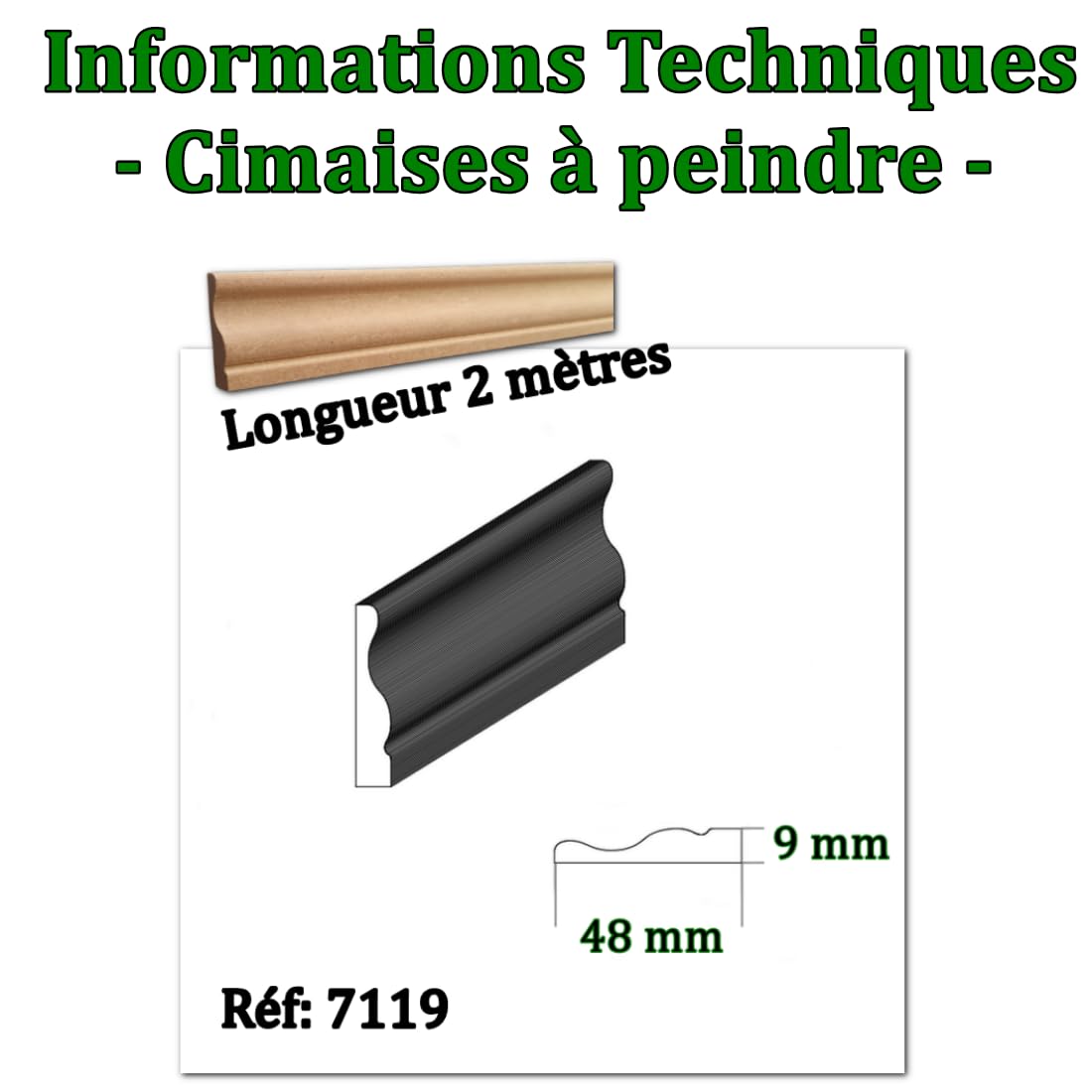 MadeInNature Cimetia modellata in legno medio naturale da dipingere, lunghezza 2 metri, cornice in legno robusto e facile da applicare, modelli e dimensioni a scelta (Rif 7119, lotto 20 metri)